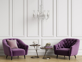 Classic interior with tufted armchairs and crystal chandelier.White walls with mouldings,floor...
