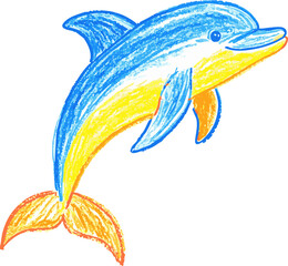Crayon dolphin leaping with bright color, playful handdrawn marine icon