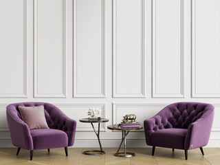 Classic interior with tufted armchairs.White walls with mouldings,floor parquet hirringbone.Copy space.Digital illustration.3d rendering