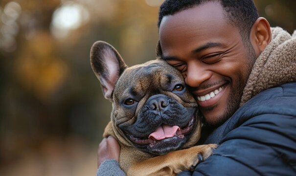 Black man cuddling his happy French Bulldog outdoors in the park. Young African American pet owner  his Frenchie dog during a walk in nature, Generative AI - Powered by Adobe