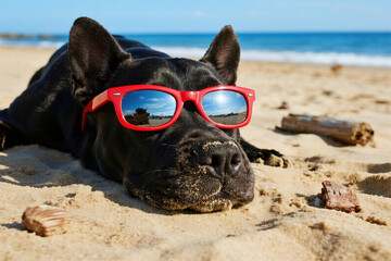 Cute black puppy buried in sand with red framed sunglasses reflecting beach and sky, sunny day at ocean shore with scattered driftwood