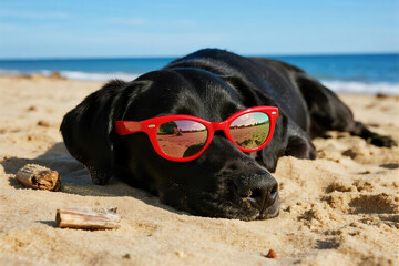 Cute black puppy buried in sand with red framed sunglasses reflecting beach and sky, sunny day at ocean shore with scattered driftwood