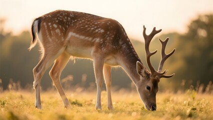 A male fallow deer with distinctive antlers grazing in a sunlit meadow.