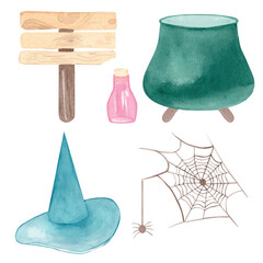 A watercolor hand drawn set with classic Halloween elements: magic potion, spider web, witch's hat and cauldron, pointer. Great for seasonal decor, posters, postcards, and holiday-themed decorations