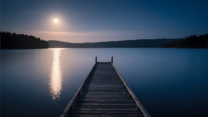 Fototapeta premium Moonlit Night Over a Calm Lake with a Wooden Dock Extending into the Water