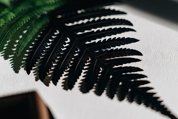 Close-up of a dark fern leaf shadow on a light surface, next to a lighter green fern leaf