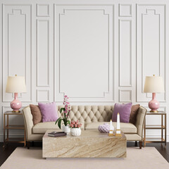 Classic interior in pastel colors. Sofa,chairs,sidetables with lamps,table with decor.Rug with pattern.Walls with mouldings..Mockup,copy space.Digital ilustration.3d rendering