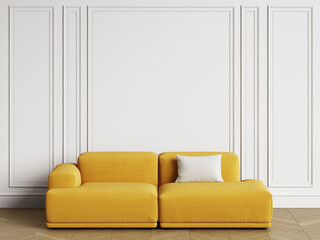 Modern Scandinavian Design sofa in interior. Walls with moldings,floor parquet herringbone.Copy space,mockup interior.Digital illustration.3d rendering