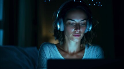 Futuristic digital hologram interface showcasing innovative technology. A woman engaged with her laptop screen, highlighting modern digital lifestyle and the use of technology for various purposes. - Powered by Adobe