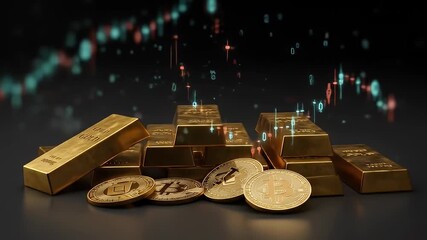 Gold bullion and crypto coins sit, digital chart background, dark neutral