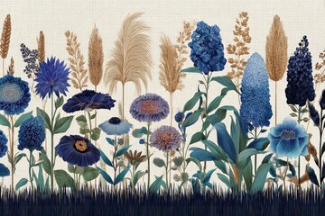 Floral border with various shades of blue and beige flowers