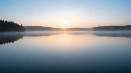 Fototapeta premium Sunrise Over a Misty Lake with Reflective Waters and Distant Hills