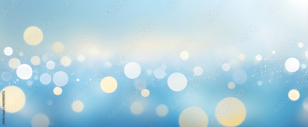 Poster abstract summer banner with soft blue and yellow bokeh lights and sparkling particles background.