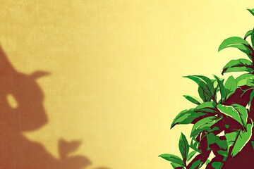 Warm, golden wall with plant shadow and leafy sprig