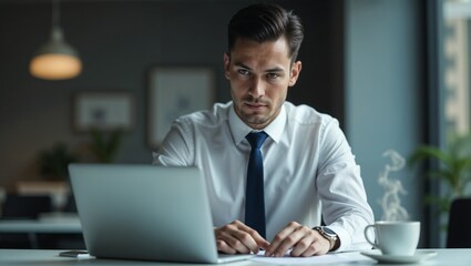A man in a white shirt and tie works at a laptop on an office desk.