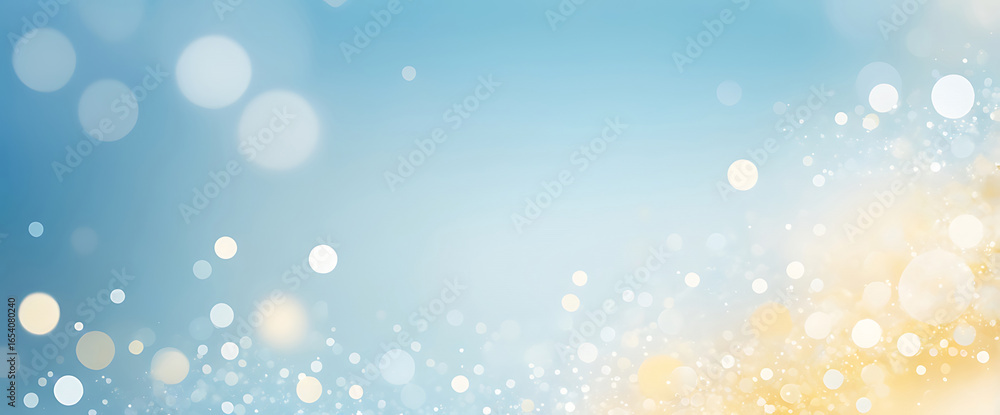 Poster abstract summer banner with soft blue and yellow bokeh lights and sparkling particles background.