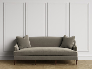 Classic sofa  in classic interior with copy space.White walls with mouldings. Floor parquet herringbone.Digital Illustration.3d rendering