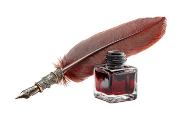 Antique quill pen and inkwell.  A detailed image of a reddish-brown quill pen, with a decorative metal holder, next to a small, square inkwell filled with dark crimson ink