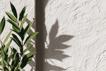 Green leaves cast shadow on textured wall