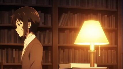 Person studying under a bright lamp in a room with a bookshelf, anime style - Powered by Adobe