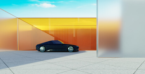 3d rendering futuristic car parked in modern architectural space
