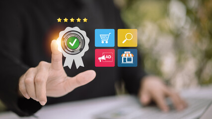 E-commerce trust and digital marketing icons with quality assurance badge