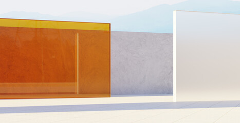 3d rendering modern minimalist building exterior with orange and frosted glass panels