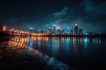 Fototapeta premium City skyline reflected on a river at night