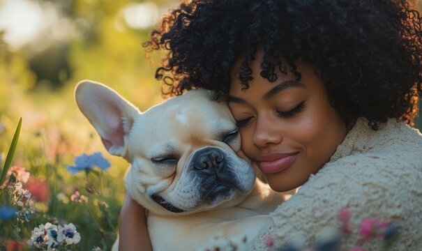 Young mixed-race black woman cuddling her French Bulldog in a flowery park. Candid moment in nature with a pet dog, Generative AI