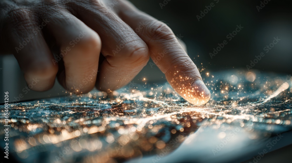 Poster a close-up of a finger touching a surface, creating a sparkling effect, symbolizing interaction with