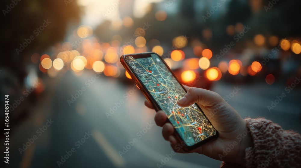 Poster A person holds a smartphone displaying a map while surrounded by a blurred cityscape filled with lights.