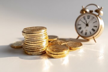 Gold coins stacked with a clock