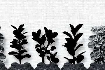 Silhouettes of various plants against a textured white background