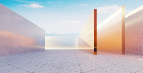 3d rendering modern empty showroom with concrete and glass walls reflecting sunlight