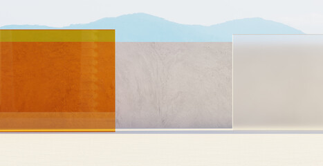 3d rendering modern minimalist architecture with orange and frosted glass panels and concrete wall
