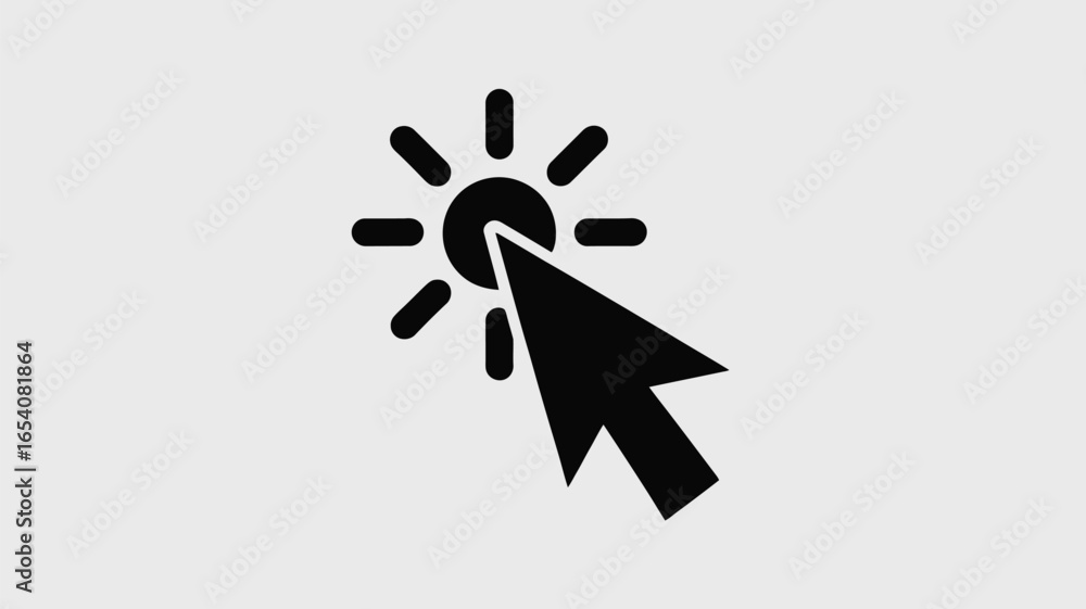 Aufkleber a black cursor pointing towards a black sun icon with rays emanating from its central circle shape