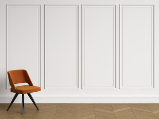 Chair in classic interior with copy space.White walls with mouldings. Floor parquet herringbone.Digital Illustration.3d rendering