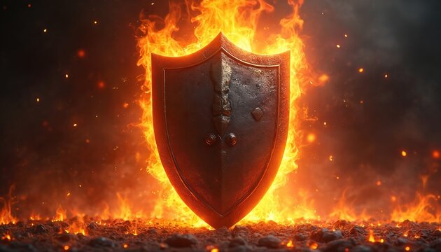 Fiery shield protection against overwhelming heat, flames. Medieval metal guard exhibits invincible strength, power. Robust fortress emblem endures blazing inferno, representing security, defense,