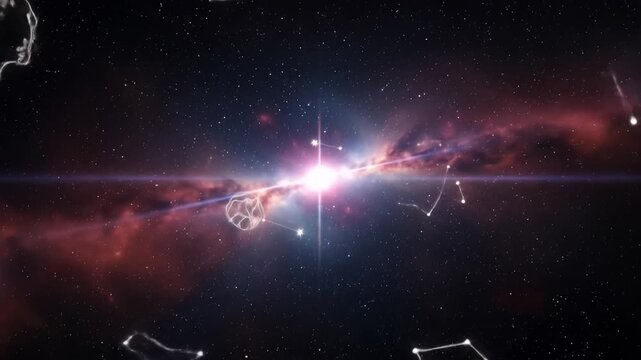 A view of the deep space with constellations on dark sky and a bright burst of light