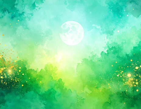 Bright green watercolor gradient Halloween background with glowing full moon and subtle golden accents, abstract, elegant, and sophisticated illustration for seasonal design