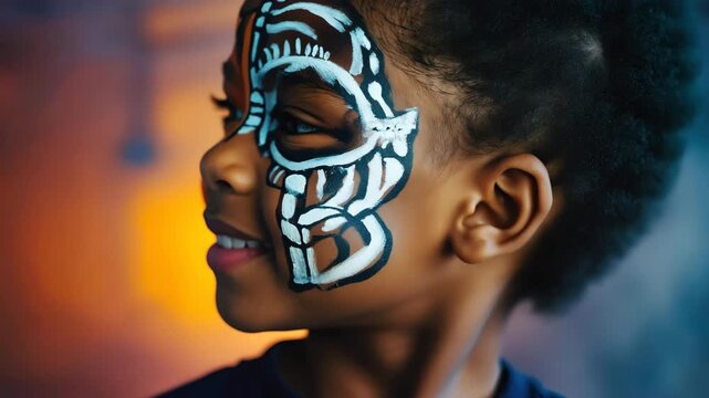 Smiling child with half tiger and half skeleton face paint, close up animated portrait with natural expressions, eye movements and subtle head tilt for Halloween, carnival or kids festival stock foota