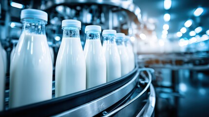 Milk Bottles On Conveyor Belt In Modern Dairy Factory