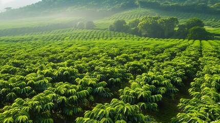 Fototapeta premium Lush green coffee plantation under morning sunlight