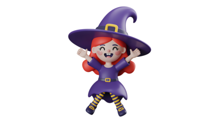 Cartoon Witch Celebrating Halloween with Joyful Expression and Purple Hat on Black Background perfect for invitations and festive decorations offering a fun and whimsical appeal