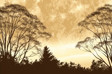 Silhouetted trees against a muted, hazy sunset