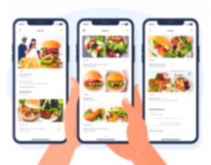 Soft, abstract background of a food delivery app. Hands hold smartphones with blurred menus, illustrating the concept of ordering online.

