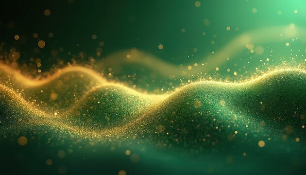 Abstract background with waves of golden sparkles, particles on deep green backdrop. Features mesmerizing bokeh effect, defocused lights, creating magical, futuristic atmosphere suitable for festive