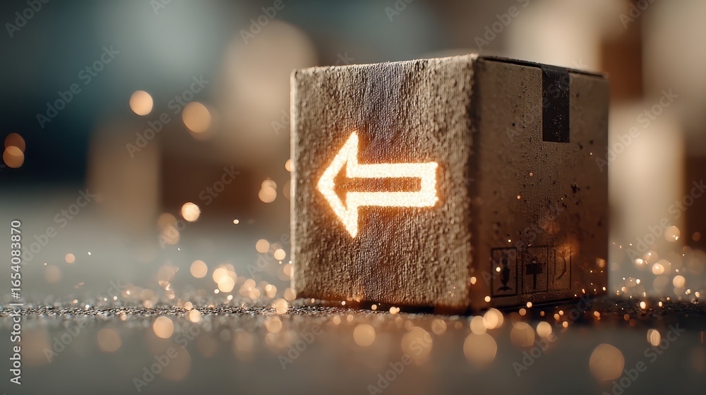 Poster a close-up image of a cardboard box with a glowing left arrow, surrounded by sparkling particles, su