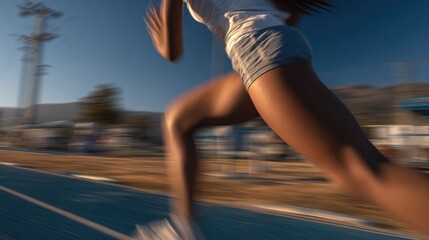 A young Black woman runs on a track during a sunny day. She wears a white shirt and shorts, showcasing athleticism and speed.