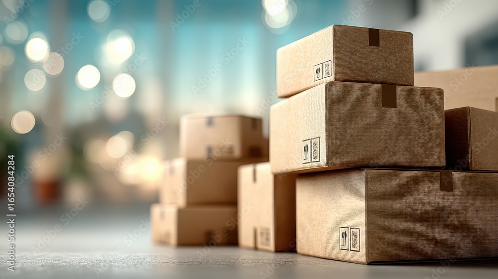 Aufkleber stacked cardboard boxes in a modern setting, creating a warm and inviting atmosphere with soft light
